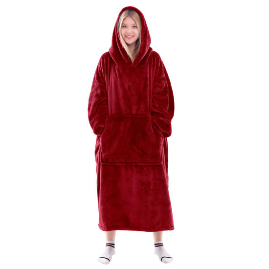 Picture of Waitu Wearable Blanket Sweatshirt for Women and Men, Super Warm and Cozy Giant Blanket Hoodie, Thick Flannel Blanket with Sleeves and Giant Pocket - Red