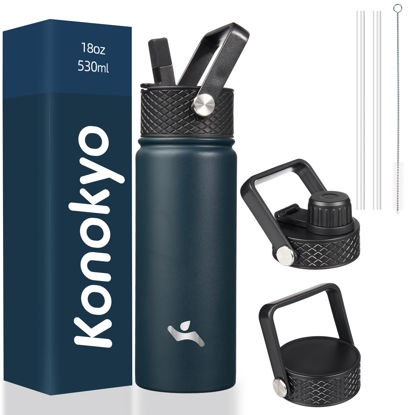 Picture of Konokyo 18 oz Insulated Water Bottle Stainless Steel Sport Bottles with 3 Lids,Navy Blue