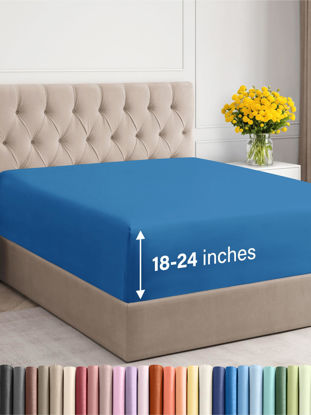 Picture of Extra Deep Queen Fitted Sheet - Hotel Luxury Single Fitted Sheet Only - Easily Fits 18 inch to 24 inch Mattress - Soft, Wrinkle Free, Breathable and Comfy - Extra Deep Pockets Royal Blue Fitted Sheet