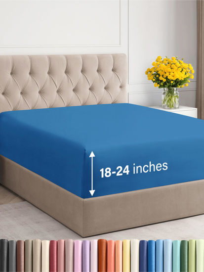 Picture of Extra Deep Queen Fitted Sheet - Hotel Luxury Single Fitted Sheet Only - Easily Fits 18 inch to 24 inch Mattress - Soft, Wrinkle Free, Breathable and Comfy - Extra Deep Pockets Royal Blue Fitted Sheet