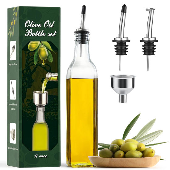 Picture of AOZITA 17oz Clear Glass Olive Oil Dispenser Bottle - 500ml Oil & Vinegar Cruet with Pourers and Funnel - Olive Oil Carafe Decanter for Kitchen