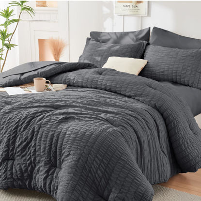 Picture of HYMOKEGE Twin Comforter Set Seersucker 5 Pieces, All Season Luxury Bed in a Bag for Bedroom, Bedding Set with Comforters, Sheets, Pillowcase & Sham, Dark Grey
