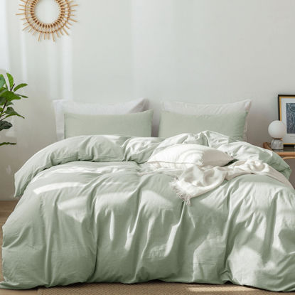 Picture of MooMee Bedding Duvet Cover Set 100% Washed Cotton Linen Like Textured Breathable Durable Soft Comfy (Sage Green, Super King Plus)