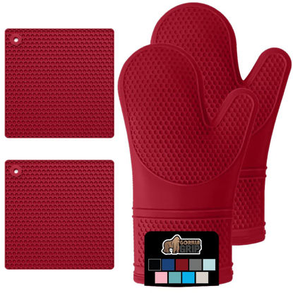 Picture of Gorilla Grip BPA-Free Soft Silicone Oven Mitts and Potholder Set of 4, Heat Resistant Hot Pads, Thick Cotton Lined Cooking Mitt, Long Gloves Protect Hands, Kitchen Waterproof Trivet Mats, 12.5" Red