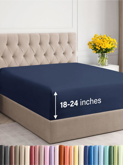 Picture of Extra Deep King Fitted Sheet - Hotel Luxury Single Fitted Sheet Only - Sheet Easily Fits 18 inch to 24 inch Mattress - Soft, Wrinkle Free, Breathable & Comfy Extra Deep Pockets Navy Blue Fitted Sheet
