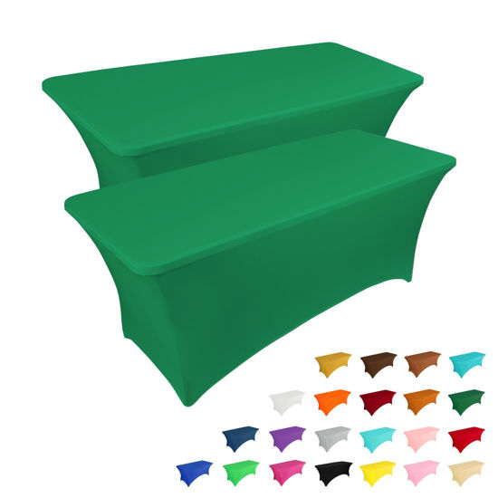 Picture of IVAPUPU 2 Pack 6FT Table Cloth for Rectangular Fitted Events Stretch Emerald Green Table Covers Washable Table Cover Spandex Tablecloth Table Protector for Party, Wedding, Cocktail, Banquet, Festival