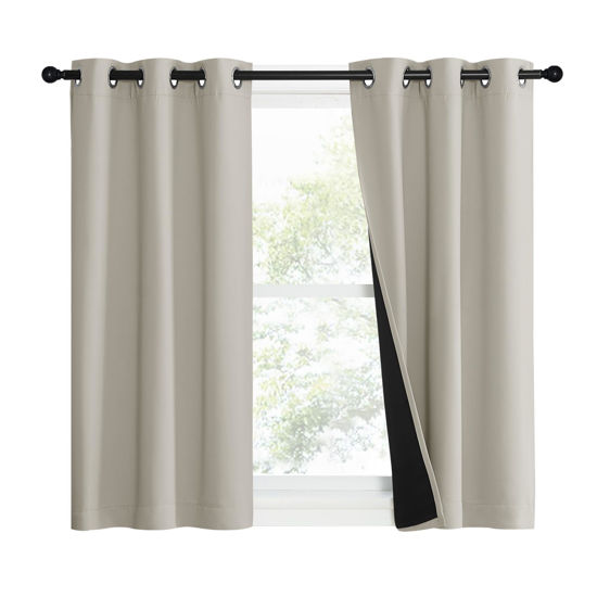 Picture of NICETOWN Natural 100% Blackout Lined Curtains, 1 Pair, 37" Width x 50" Length Each Panel, 2 Thick Layers Narrow Wide Window Treatment Panels Thermal Insulated Drapes for Kitchen Small Window