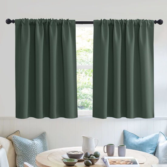 Picture of RYB HOME RV Curtains for Camper Windows - Soft Thermal Insulated Small Window Curtain Tiers for Cafe Kitchen Bedroom Basement Glass Door Window, W 42 x L 30 inches, Dark Green, 2 Panels