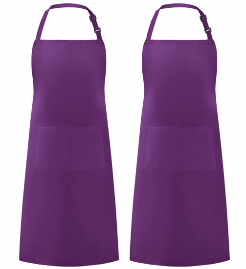 Picture of Syntus 2 Pack Adjustable Bib Apron Waterdrop Resistant with 2 Pockets Cooking Kitchen Aprons for BBQ Drawing, Women Men Chef, Purple