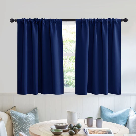 Picture of RYB HOME RV Curtains for Camper Windows - Soft Thermal Insulated Small Window Curtain Tiers for Cafe Kitchen Bedroom Basement Glass Door Window, W 42 x L 30 inches, Marine Blue, 2 Panels