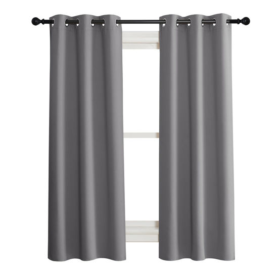 Picture of NICETOWN 100% Blackout Short Curtains with Black Liners, 2 Panels, 37" W by 50" L, Grey, Solid Thermal Insulated Full Blackout 2-Layer Lined Drapes, Energy Efficiency Window Draperies for Bedroom