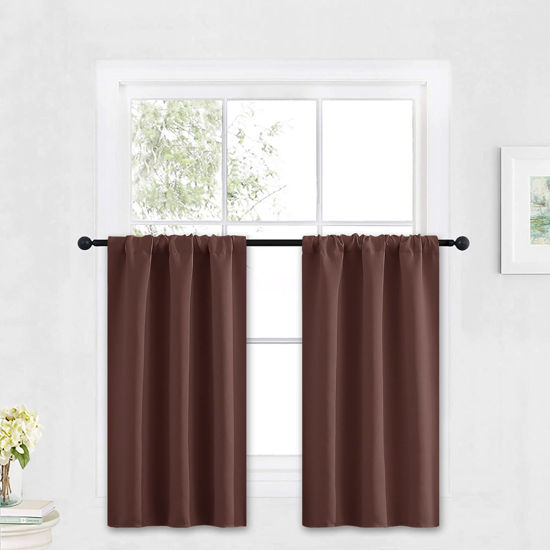 Picture of RYB HOME Small Curtains Blackout - Privacy Energy Efficiency Mini Curtains for Kids Bedroom RV Camper Windows Trailer Bathroom Kitchen Cabinet Door Window, W 29 x L 36, Chocolate Brown, 2 Panels