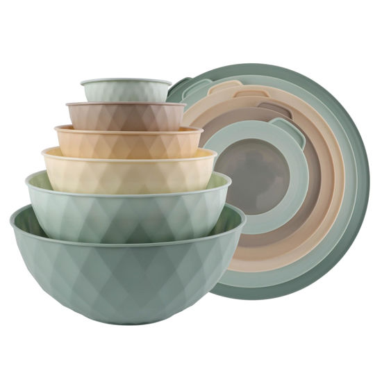 Picture of COOK WITH COLOR Mixing Bowls with Lids - 12 Piece Plastic Nesting Bowls Set includes 6 Prep Bowls and 6 Lids, Non Slip Bottom and Diamond Design - Microwave Safe (Mint)