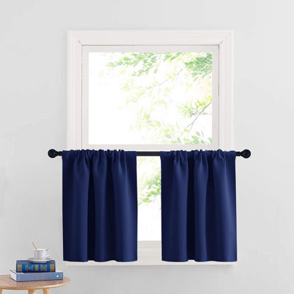 Picture of RYB HOME Kitchen Curtains Blackout Half Window Short Drapes for Bathroom Bedroom Small Window Covering, 29 inch Wide x 24 inch Long per Panel, Marine Blue, 2 Panels