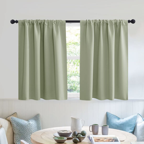 Picture of RYB HOME RV Curtains for Camper Windows - Soft Thermal Insulated Small Window Curtain Tiers for Cafe Kitchen Bedroom Basement Glass Door Window, W 42 x L 30 inches, Sage Green, 2 Panels