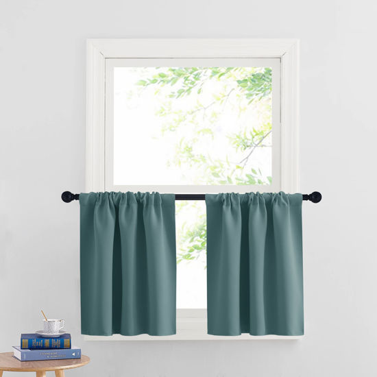 Picture of RYB HOME Short Curtains for Window - Blackout Small Window Treatment Panels for Bedroom Bathroom Kitchen Cafe Baby Nursery, Width 29 inches x Length 24 inches, Teal Blue, 2 Panels
