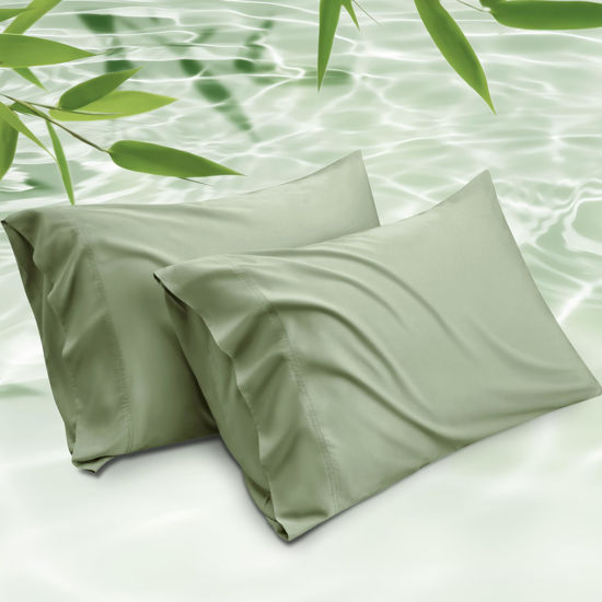 Picture of Bedsure King Size Pillow Cases Set of 2, Rayon Derived from Bamboo Sage Green Pillowcase, Cooling Pillow Cases for Hot Sleepers, Soft & Silky Pillow Covers with Envelope Closure, 20x36 Inches