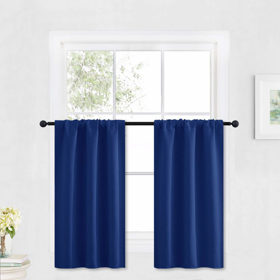Picture of RYB HOME Bathroom Window Curtains - Super Soft Blackout Privacy Curtains for Baby Nursery Bedroom Basement Garege Workshop Kitchen Dining Living Room, W 29 x L 30, Marine Blue, 2 Pcs