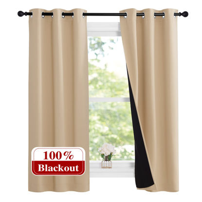 Picture of NICETOWN Bedroom Full Blackout Curtain Panels, Set of 2 Pcs, 37 by 60-inch, Biscotti Beige, Super Thick Insulated Grommet Drapes, Double-Layer Blackout Draperies with Black Liner for Small Window