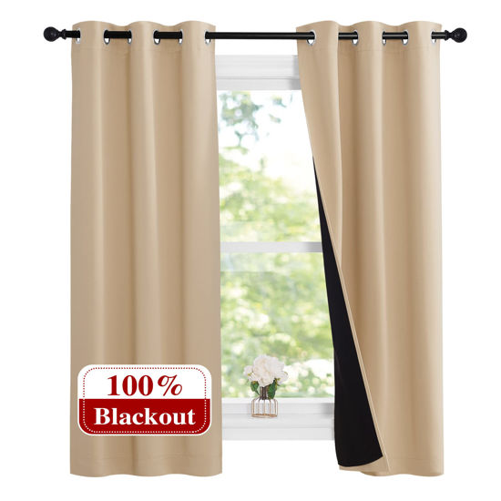 Picture of NICETOWN Bedroom Full Blackout Curtain Panels, Set of 2 Pcs, 37 by 60-inch, Biscotti Beige, Super Thick Insulated Grommet Drapes, Double-Layer Blackout Draperies with Black Liner for Small Window