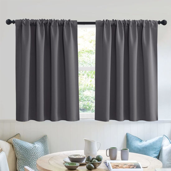 Picture of RYB HOME Blackout Curtains for Bedroom, Small Window Valances Tiers Curtain Set Light Block Privacy Drapes for Kitchen Kids Nursery Bathroom, W 52 x L 36 per Panel, Grey, 1 Pair