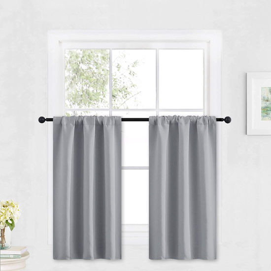 Picture of RYB HOME Small Window Curtains - Light Block Privacy Portable Curtains for Bedroom Kitchen Cabinet Kid Basement RV Curtains, Wide 29 x Long 36 per Panel, Silver Grey, 2 Pcs