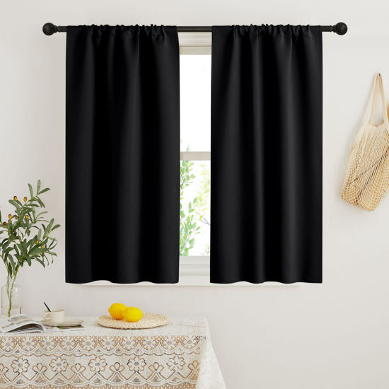 Picture of RYB HOME Black Short Curtains Blackout, 45 inch Durable Cafe Curtains Room Darkening Window Drapes Privacy Protection for Basement Closet Kithen, W29 x L45 inch, 2 Panels