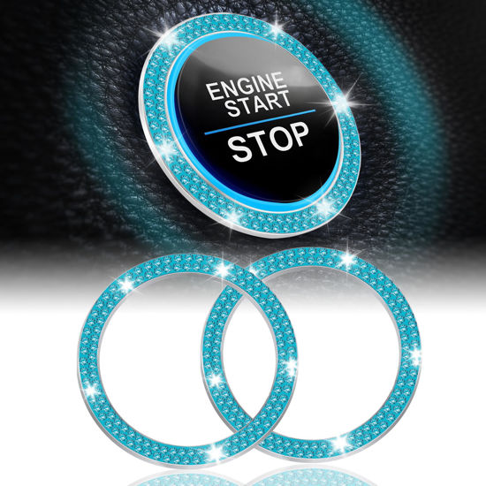 Picture of LivTee 2 PCS Crystal Double Rhinestone Car Engine Start Stop Decoration Ring, Bling Car Interior Accessories for Women, Push to Start Button Cover/Sticker, Key Ignition & Knob Bling Ring, Cyan
