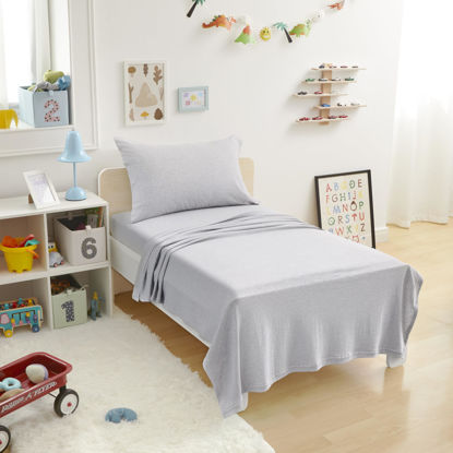Picture of Amazon Basics 3 Piece Bed Sheets Set, 100% Cotton Jersey, Includes Super Soft, Flat and Fitted Sheets, Pillowcase, Toddler, Light Gray, Solid