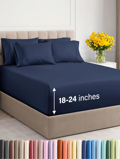 Picture of Extra Deep Queen Sheet Set - 6 Piece Breathable & Cooling Sheets - Hotel Luxury Bed Sheets Set - Easy & Secure Fit - Soft, Wrinkle Free & Comfy Sheets Set - Navy Blue Sheet Set with Extra Deep Pockets