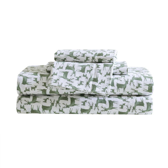 Picture of Eddie Bauer - Queen Sheets, Cotton Flannel Bedding Set, Brushed for Extra Softness, Cozy Home Decor, Oeko-Tex Certified (Deer Camp Green, Queen)
