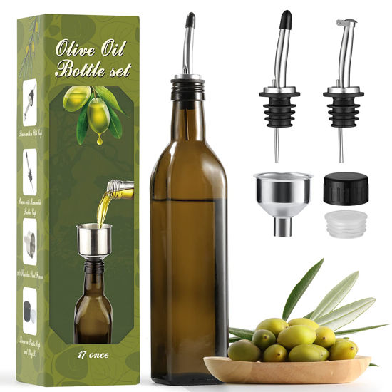 Picture of AOZITA 17oz Glass Olive Oil Dispenser - Oil and Vinegar Cruet Bottle with Stainless Steel Pourers - Funnel For Easy Refill - Olive Oil Carafe Decanter for Kitchen