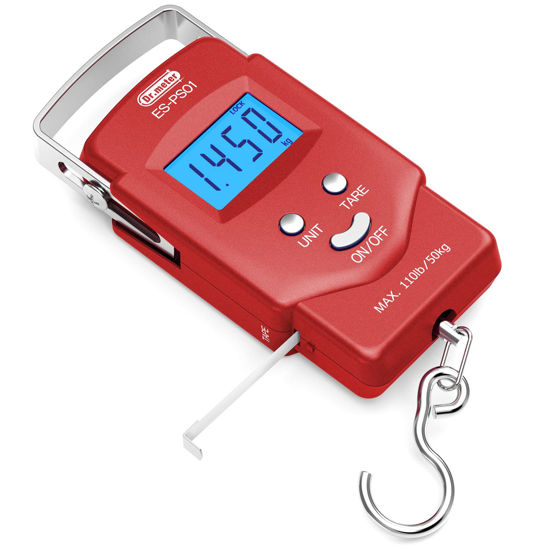 Picture of Dr.meter Fish Scale: PS01 110lb/50kg Backlit LCD Display Fishing Scale with Built-in Measuring Tape - Electronic Balance Digital Fishing Postal Hanging Hook Scale with 2 AAA Batteries