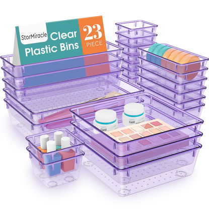 Picture of StorMiracle 23 PCS Drawer Organizer Set, 5 Varied Size Bathroom and kitchen Drawer cabinet organizer Trays, Clear Storage Bins for Makeup, Jewelry, Utensils and Gadgets, Purple