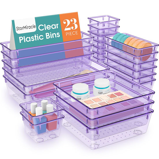 Picture of StorMiracle 23 PCS Drawer Organizer Set, 5 Varied Size Bathroom and kitchen Drawer cabinet organizer Trays, Clear Storage Bins for Makeup, Jewelry, Utensils and Gadgets, Purple