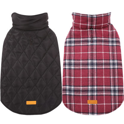 Picture of Kuoser Cozy Waterproof Windproof Reversible British Style Plaid Dog Vest Winter Coat Warm Dog Apparel for Cold Weather Dog Jacket for Small Medium Large Dogs with Furry Collar (XS - 3XL),Red M