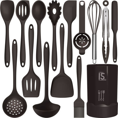 Picture of Silicone Cooking Utensils Set - 446°F Heat Resistant Kitchen Utensils,Spatula Sets,Turner Tongs,Spoon,Kitchen Utensil Gadgets Tools Set for Nonstick Cookware,Dishwasher Safe BPA Free (Coffee)