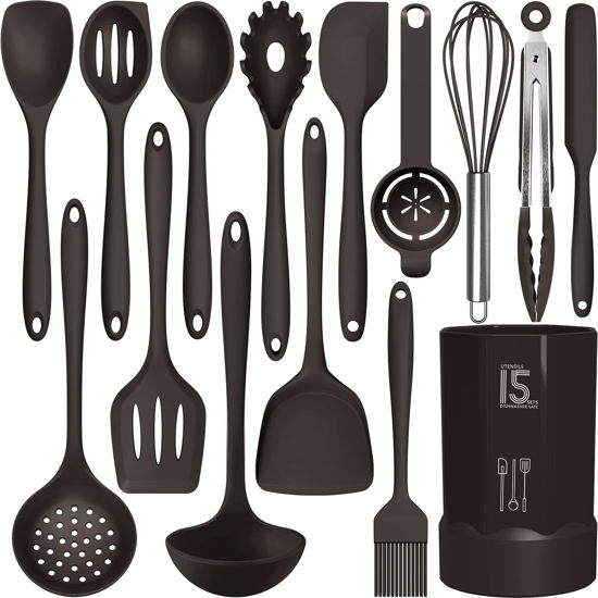 Picture of Silicone Cooking Utensils Set - 446°F Heat Resistant Kitchen Utensils,Spatula Sets,Turner Tongs,Spoon,Kitchen Utensil Gadgets Tools Set for Nonstick Cookware,Dishwasher Safe BPA Free (Coffee)