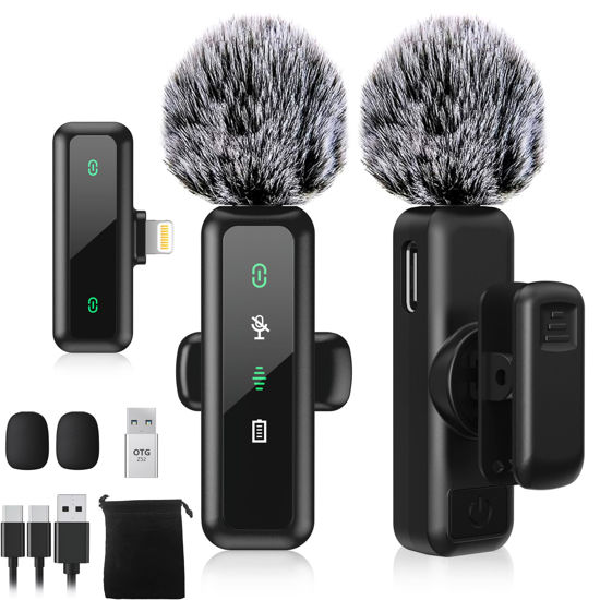Picture of Wireless Lavalier Microphone for iPhone 5-14 Series, LED Display Mini Lav for iPhone with Noise Cancelling, Lapel Mic Wireless 2 pack for Content Creator Video Recording, Vlogging (Lightning Only)