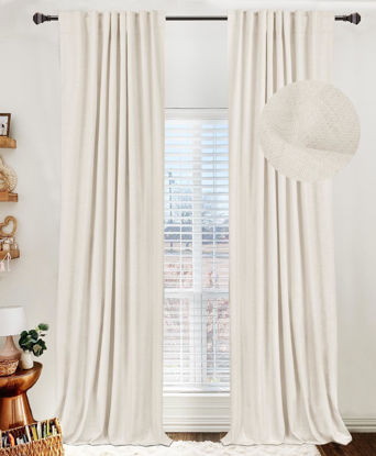 Picture of 100% Blackout Shield Linen Blackout Curtains for Bedroom 96 Inches Long, Back Tab/Rod Pocket Living Room Drapes, Thermal Insulated Blackout Curtains 2 Panels Set, 50" W x 96" L, Beige White