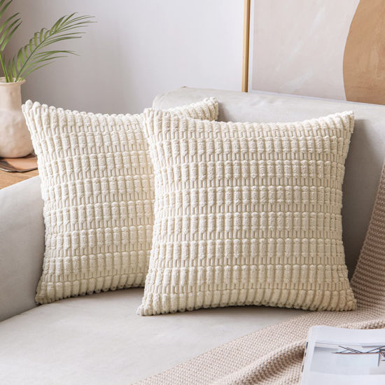 Picture of MIULEE Pack of 2 Corduroy Decorative Throw Pillow Covers 26x26 Inch Soft Boho Striped Pillow Covers Spring Modern Farmhouse Home Decor for Sofa Living Room Couch Bed Cream White