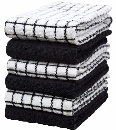 Picture of Kitchen Towels 16"x 28" | Dish Towels | Kitchen Hand Towels | Large Dishcloths | Highly Absorbent Tea Towel with Hanging Loop | Natural Ring Spun Cotton, 380 GSM | Black Check Design - 6 Pack
