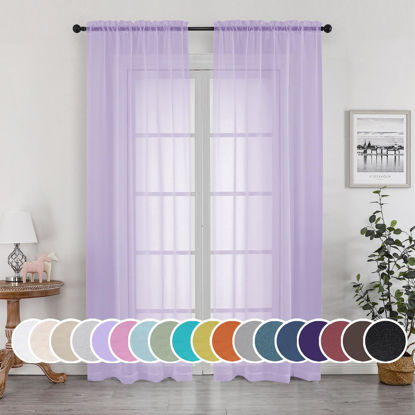 Picture of OWENIE Sheer Curtains 84 inches Long for Bedroom Living Room 2 Panels Set, Rod Pocket Soft Light Filtering Privacy Fimly Sheer Curtains & Drapes, Solid Purple Window Treatments, 42Wx84L