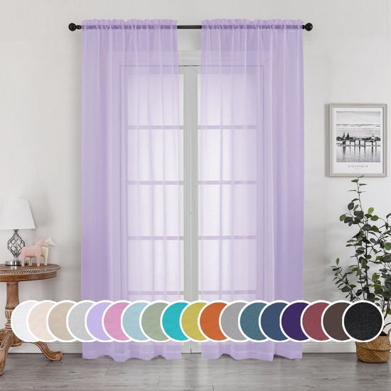Picture of OWENIE Sheer Curtains 84 inches Long for Bedroom Living Room 2 Panels Set, Rod Pocket Soft Light Filtering Privacy Fimly Sheer Curtains & Drapes, Solid Purple Window Treatments, 42Wx84L