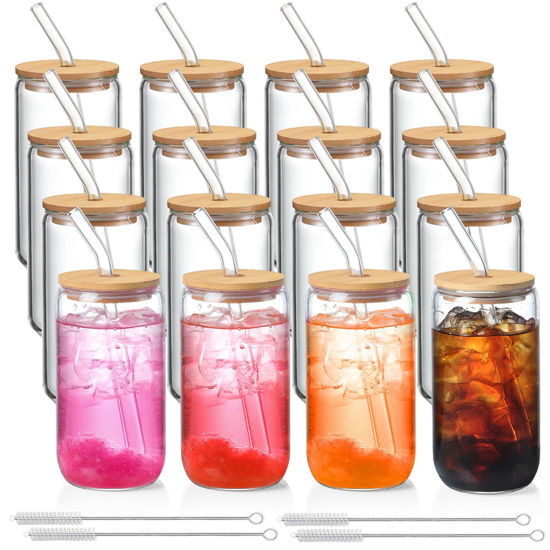 Picture of NETANY 16 Pack Glass Cups with Lids and Straws 16 oz, Personalized Customizable Glasses for Gift, Business, Drinking glasses set, Iced Coffee Cup, Cute Aesthetics Tumbler for Tea, Homemade Drinks