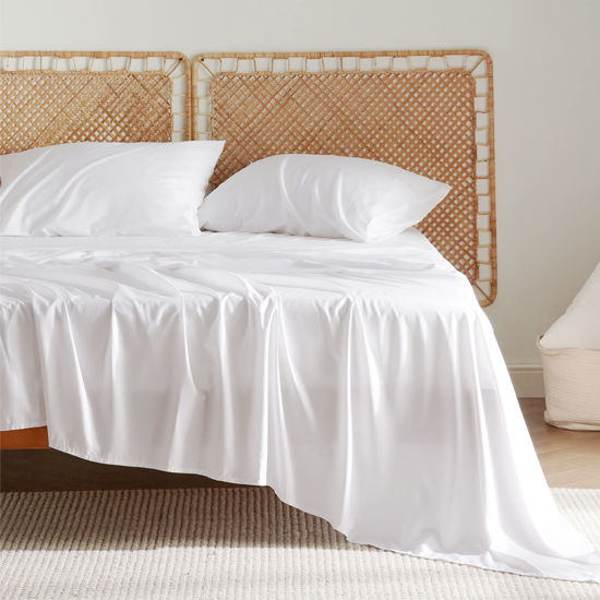 Picture of Bedsure King Size Sheet Set, Cooling Sheets King, Rayon Derived from Bamboo, Deep Pocket Up to 16", Breathable & Soft Bed Sheets, Hotel Luxury Silky Bedding Sheets & Pillowcases, White