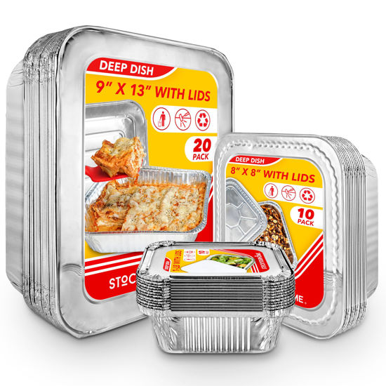 Picture of Disposable Foil Pans with Lids (Set of 40) Heavy Duty Aluminum Pans with Lids (20) 9x13, (10) 8x8, (10) 1-Lb Baking Tins with Covers for Cooking, Heating, Storing, Food Prep, Holiday Dinner Meals