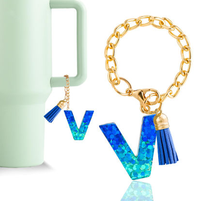 Picture of Letter Charm Accessories for Stanley Cup 1 PCS Cute Initial Keychain Handle Charm for Stanley Tumbler for Women Blue Letter V