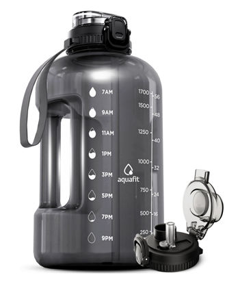 Picture of AQUAFIT 64 oz Water Bottle with Time Marker - Straw & Chug Lid - BPA Free Big Water Bottle with Straw - Gym Water Bottle with Handle - Gallon Water Jug (64 Ounces, Gray)