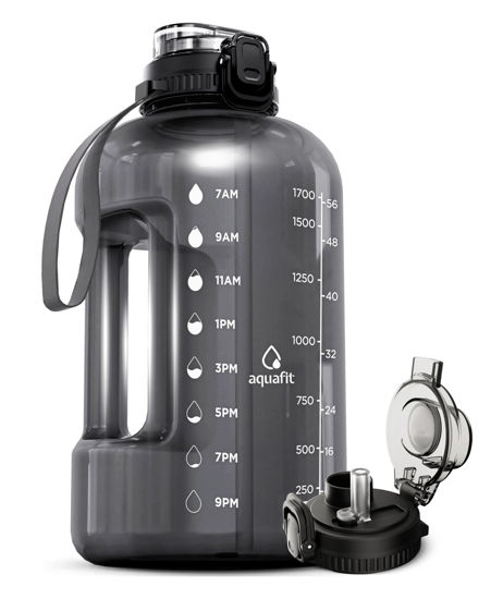 Picture of AQUAFIT 64 oz Water Bottle with Time Marker - Straw & Chug Lid - BPA Free Big Water Bottle with Straw - Gym Water Bottle with Handle - Gallon Water Jug (64 Ounces, Gray)